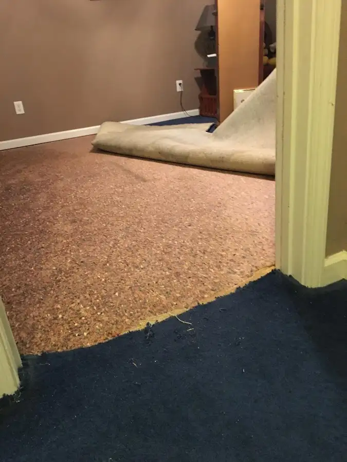 Carpet pad removal revealing water damage during Water Mitigation Services in Woodfin